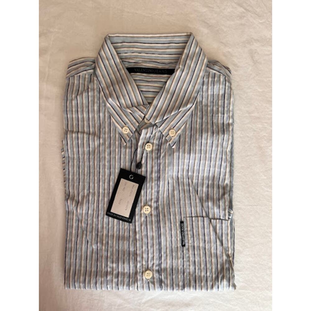 Vintage 80s New Valentino Jeans Shirt Stripe Seersucker Button Down Size XL